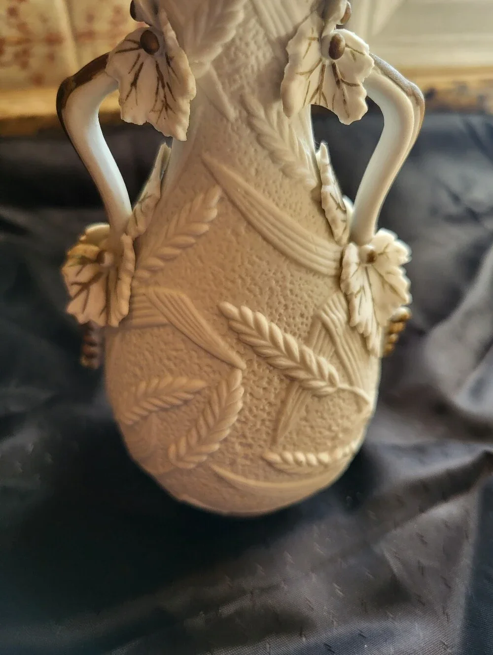 Textured White Bisque Ceramic Floral 6 Inch Vase with Grapes And Wheat